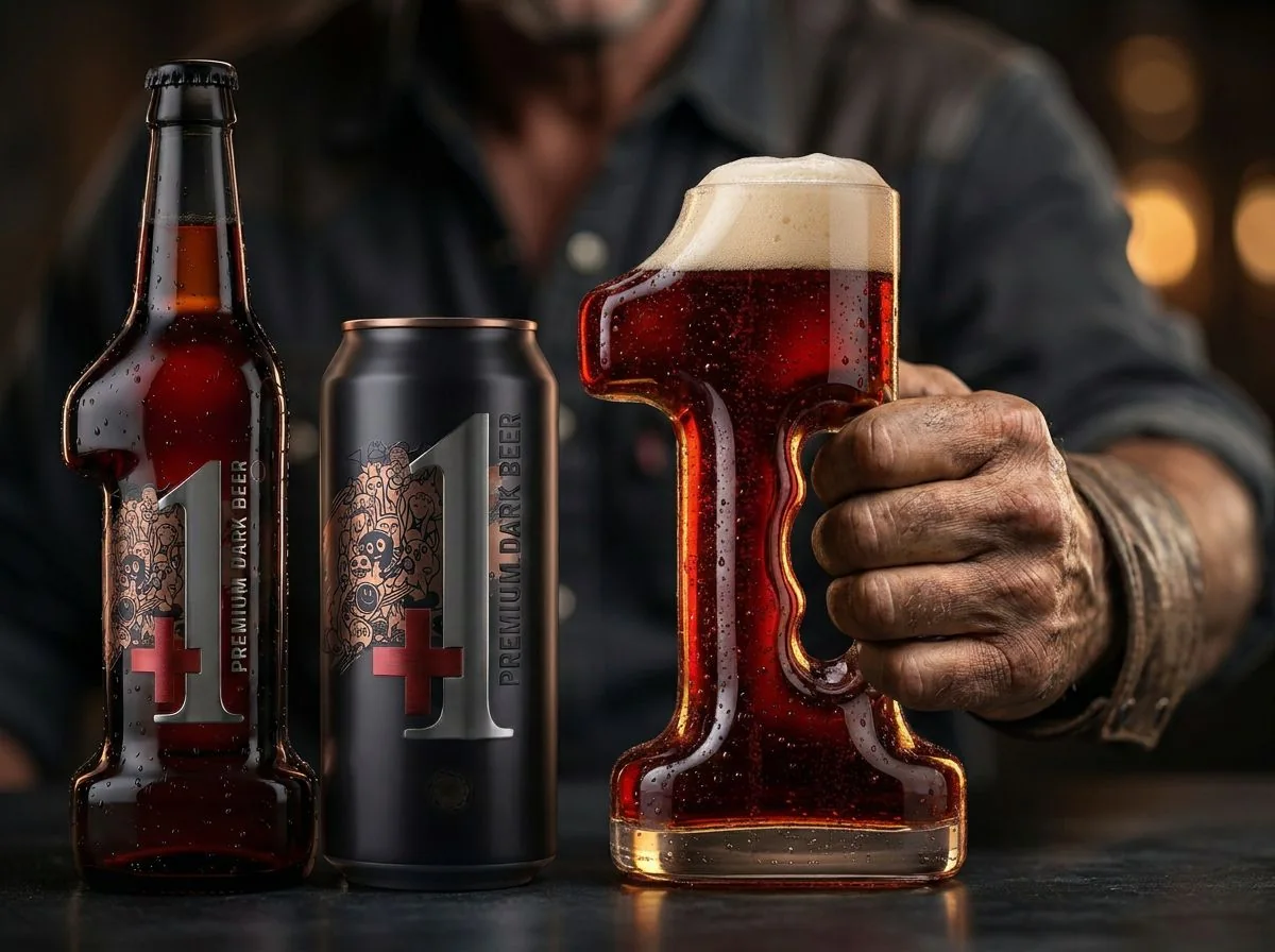 +1 bière premium dark beer packaging — Serving attitude